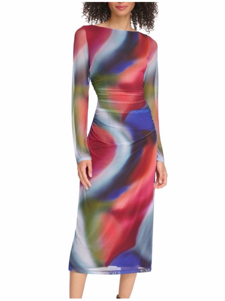 Nwt Vince Camuto Watercolor Swirl Long Sleeve Boat Neck Midi Bodycon Dress